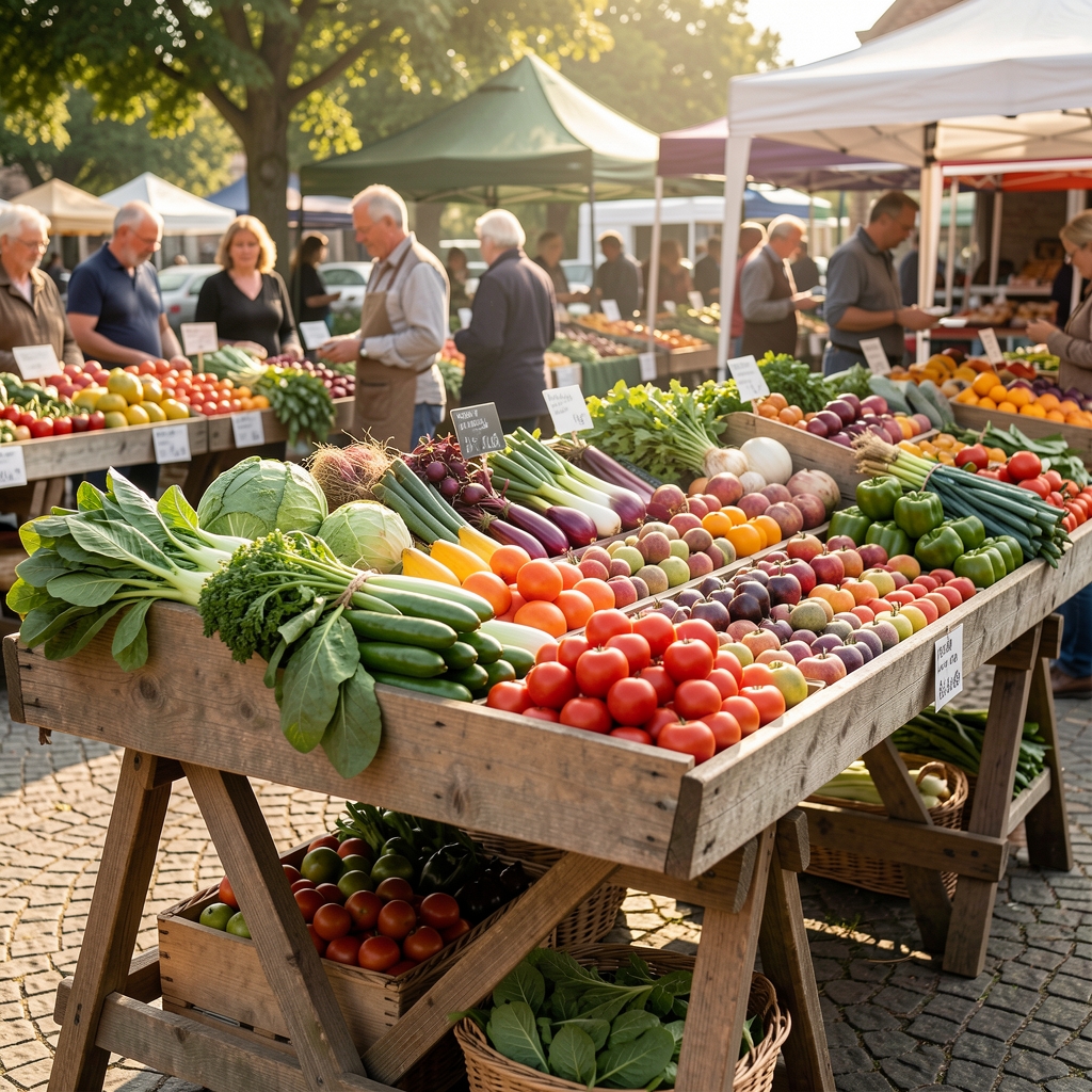 Farmers market produce in morning light, fresh vegetables and fruit on a wooden trestle